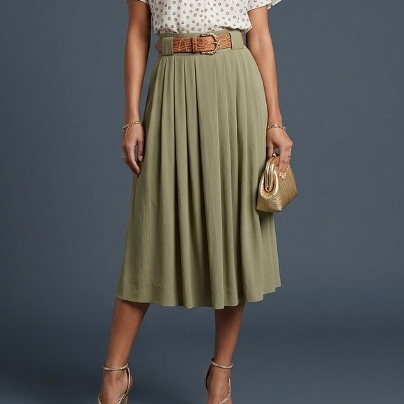 Lauren Woods Dresses & Skirts - Vintage Belted Pleated Midi Skirt 16 Olive Green Pull On 90's Old Money Academia
